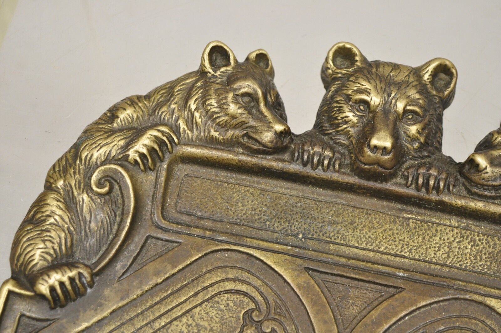 Antique Brass Bronze Black Forest Figural 3 Bears Desk Pen Tray Trinket Holder