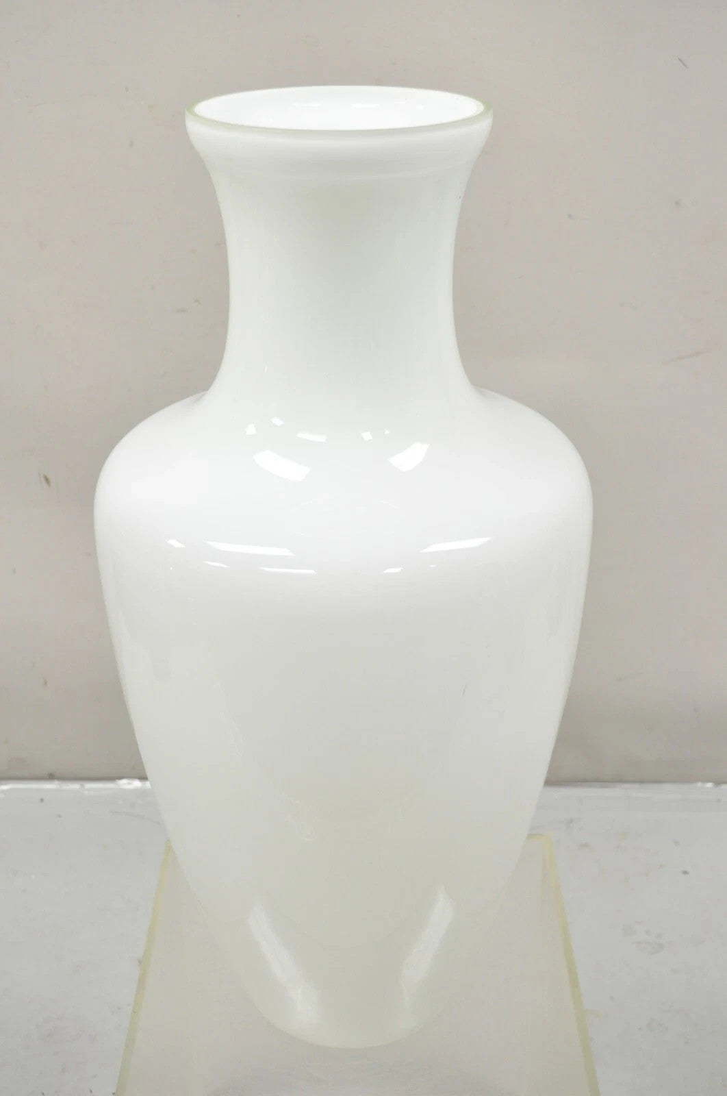 Modern Large White Cased Blown Glass 30" Urn Form Floor Flower Vase Vessel