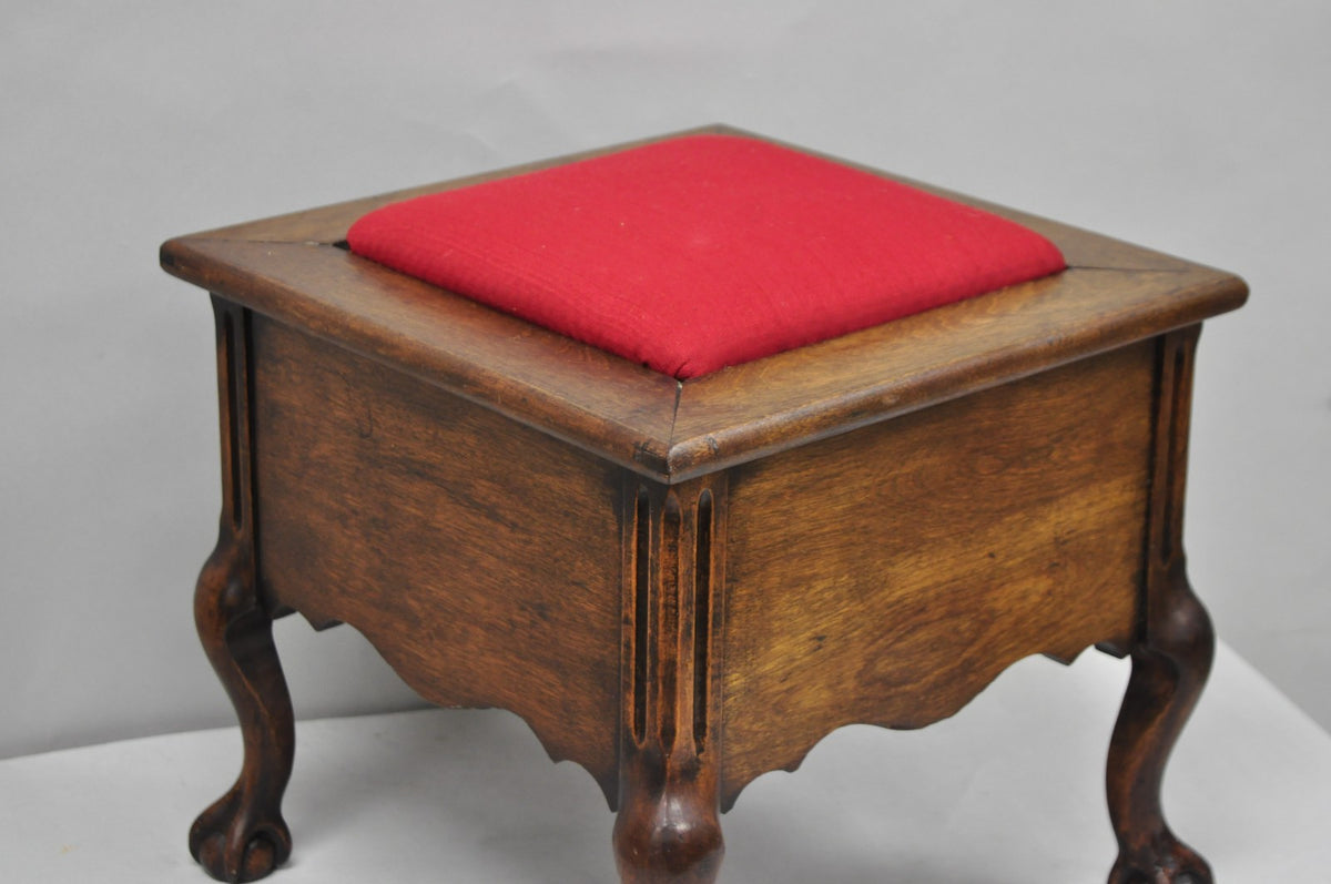 Antique Flip Top Georgian Chippendale Style Mahogany Shoe Shine Box Footstool