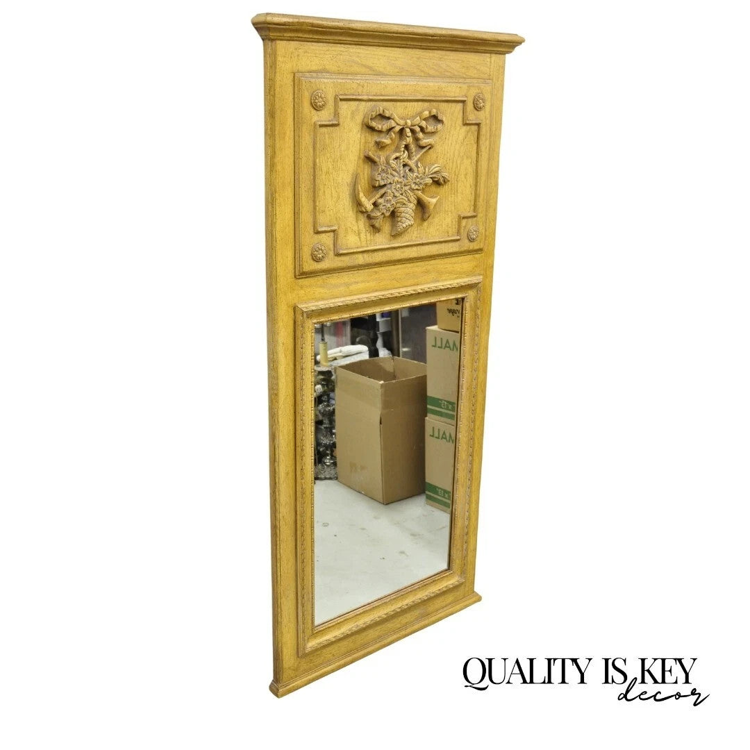 Vintage French Country Provincial Style Oak Wood Trumeau Wall Mirror by Baker