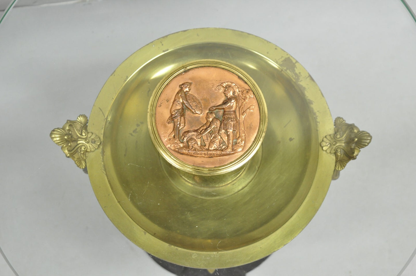 French Empire Figural Bronze and Marble Round Glass Tazza Low Side Tables - Pair