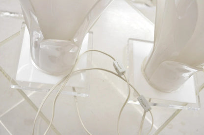 Rougier White Acrylic Lucite Tulip Flower Leaf Mid Century Table Lamps - a Pair