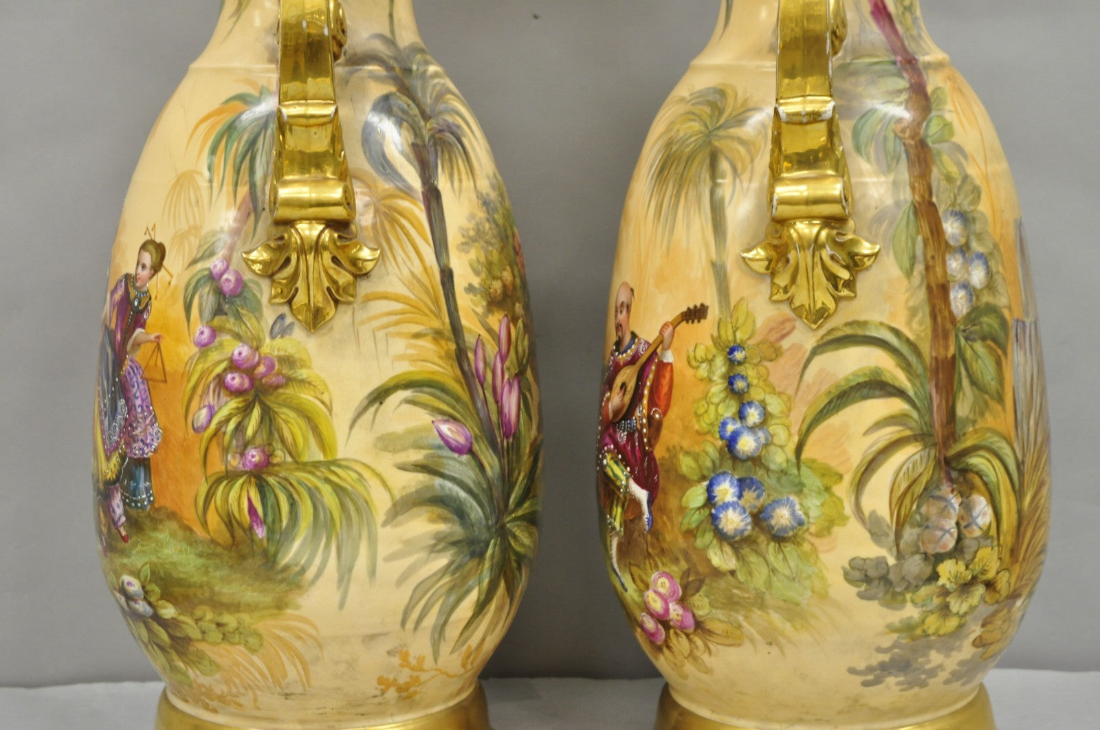 Antique Chinoiserie French Porcelain Hand Painted Orientalist Large Vases - Pair