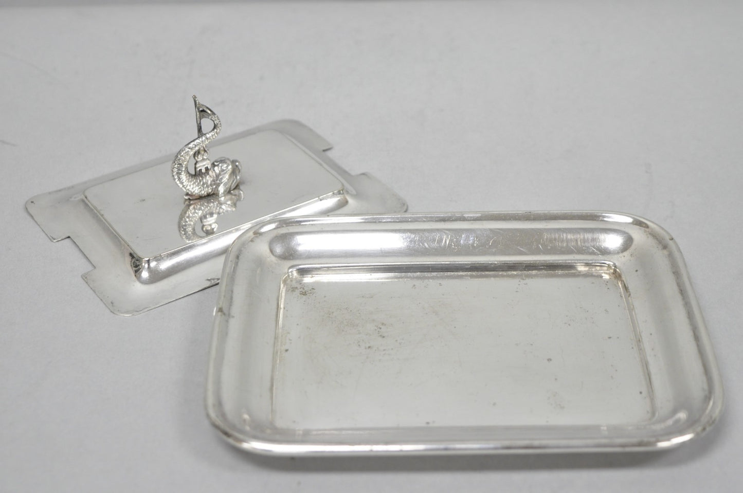 Antique English Regency Silver Plated Serpent Dolphin Desk Dish Note Holder