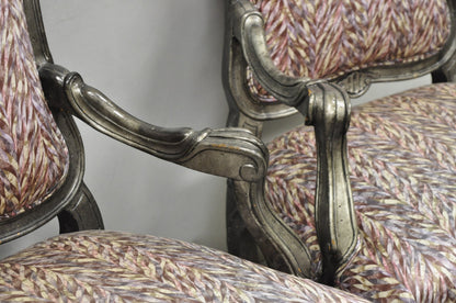 Vintage Italian Baroque Rococo Style Silver Leaf Gilt Lounge Arm Chairs - a Pair