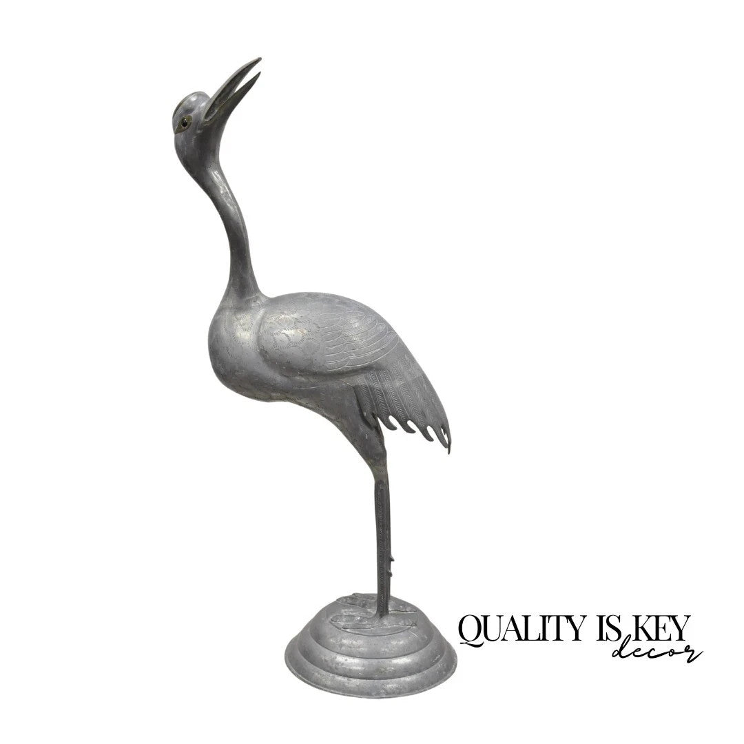 Vintage Hollywood Regency Pewter Metal 27" Crane Bird Garden Statue Hong Kong