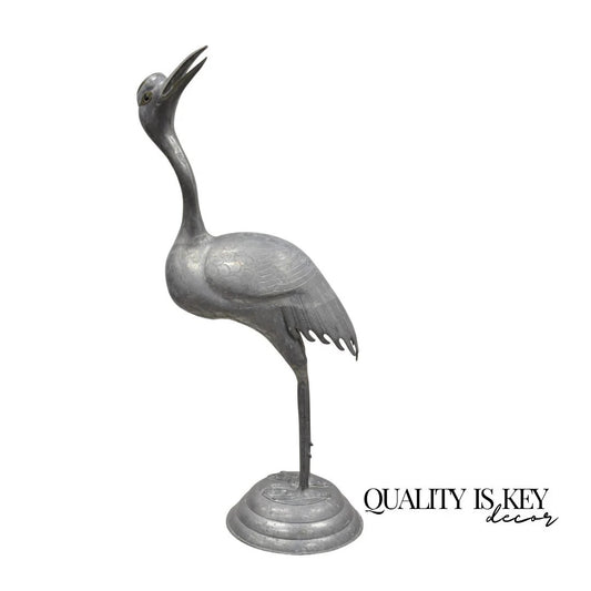 Vintage Hollywood Regency Pewter Metal 27" Crane Bird Garden Statue Hong Kong