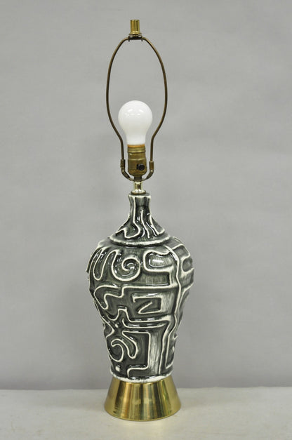 Vintage Mid Century Modern Grey Glazed Ceramic Geometric Aztec Brass Table Lamp