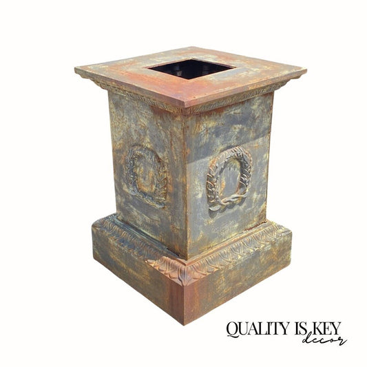 Large Neoclassical Style Cast Iron Garden Planter Urn Pedestal Base w/ Wreath A
