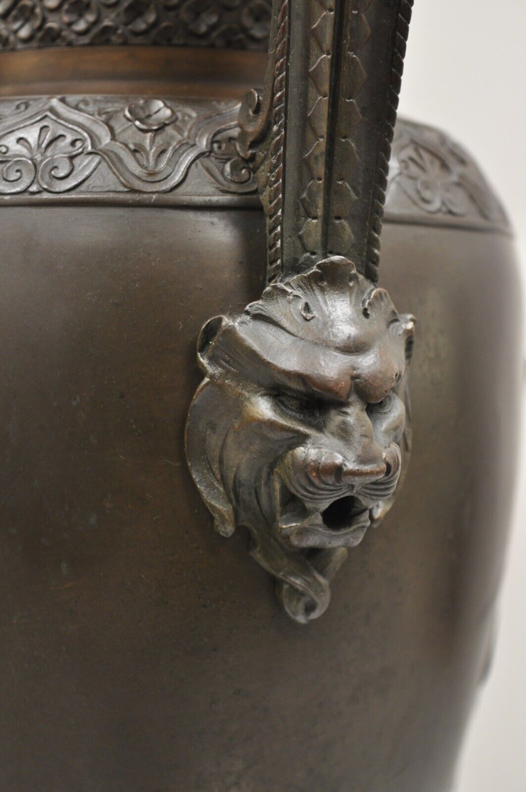 19th C Alfred Daubree French Neoclassical Bronze Figural Urn Vase with Lions