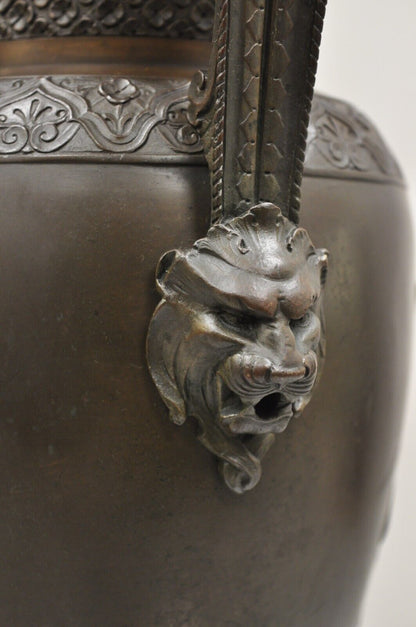 19th C Alfred Daubree French Neoclassical Bronze Figural Urn Vase with Lions