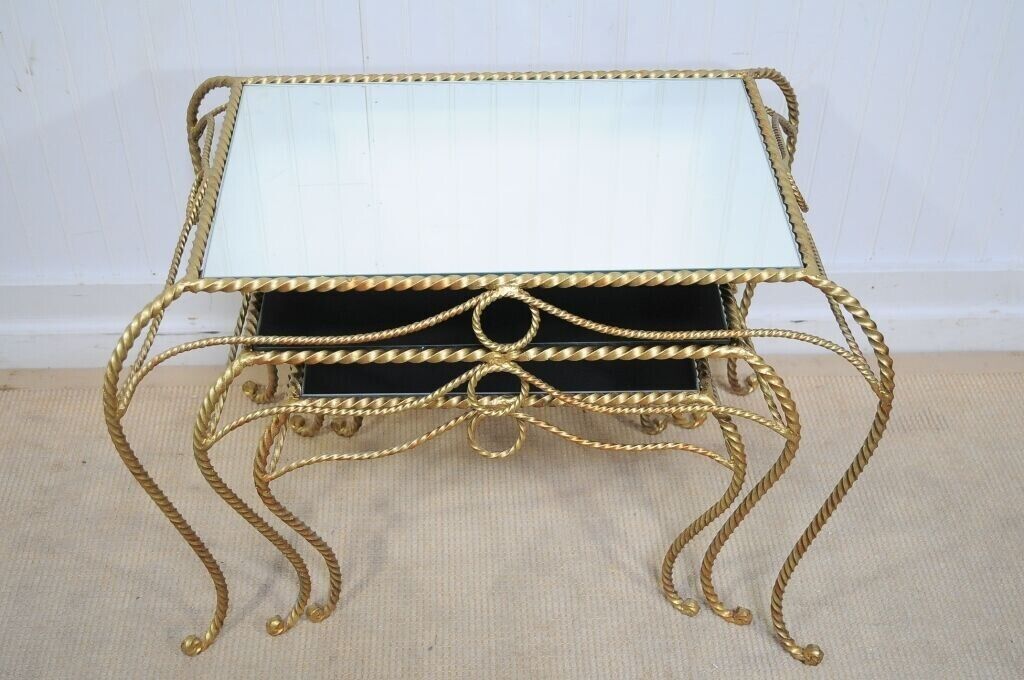 Vtg Italian Hollywood Regency Gold Nesting Rope Mirror Tole End Tables Set of 3