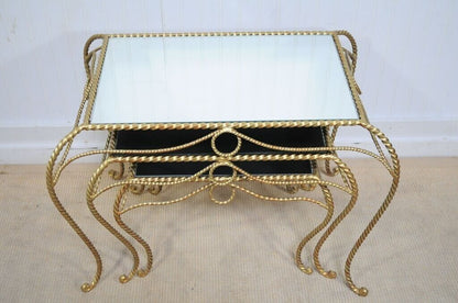 Vtg Italian Hollywood Regency Gold Nesting Rope Mirror Tole End Tables Set of 3