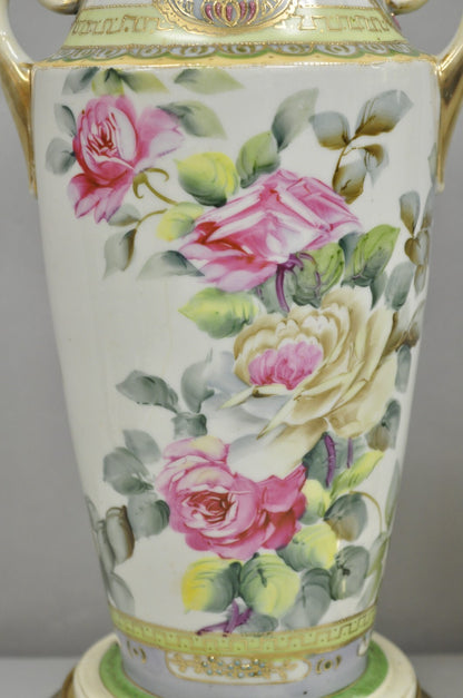 Antique French Victorian Hand Painted Porcelain Pink Rose Table Lamps - a Pair