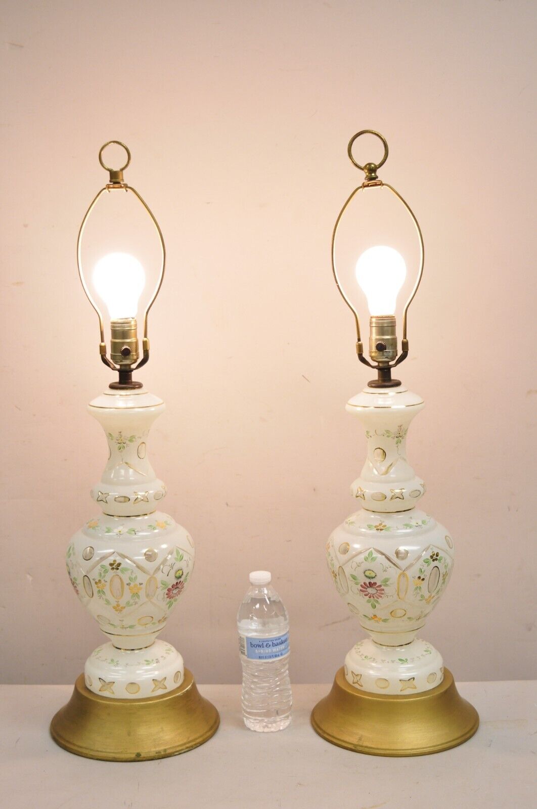 Vintage Czech Bohemian White & Green Cased Glass Table Lamps - a Pair