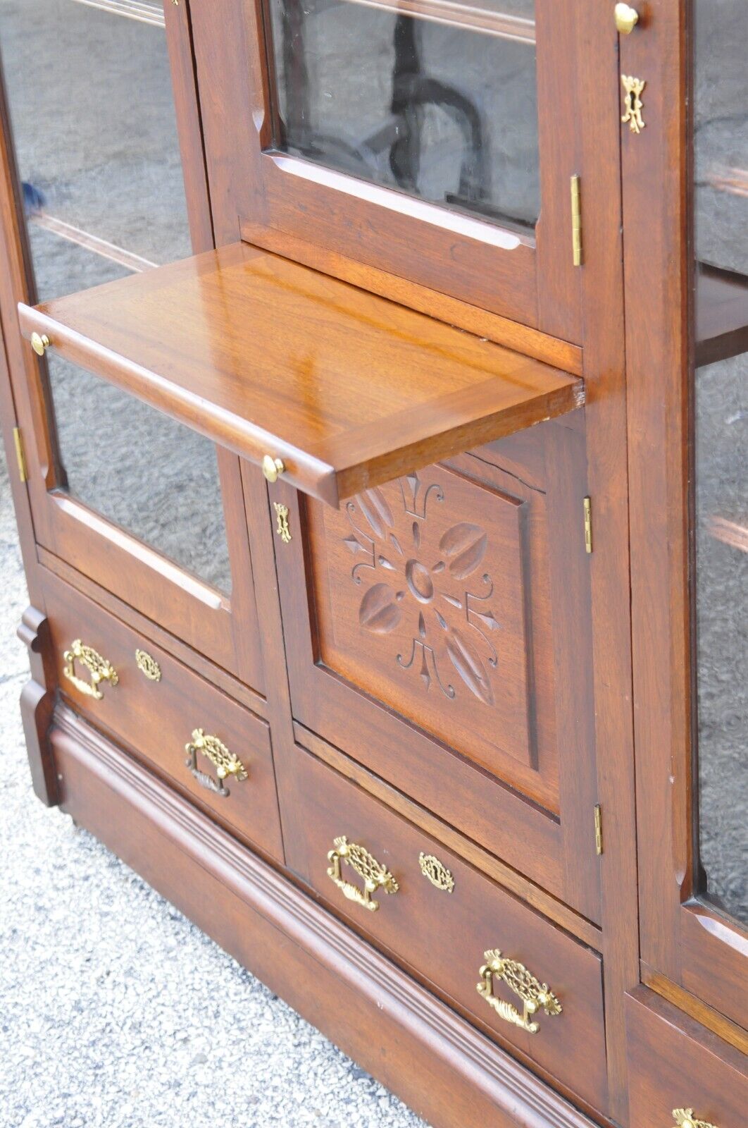 Antique Eastlake Victorian Walnut Wavy Glass Triple Bookcase Display Cabinet