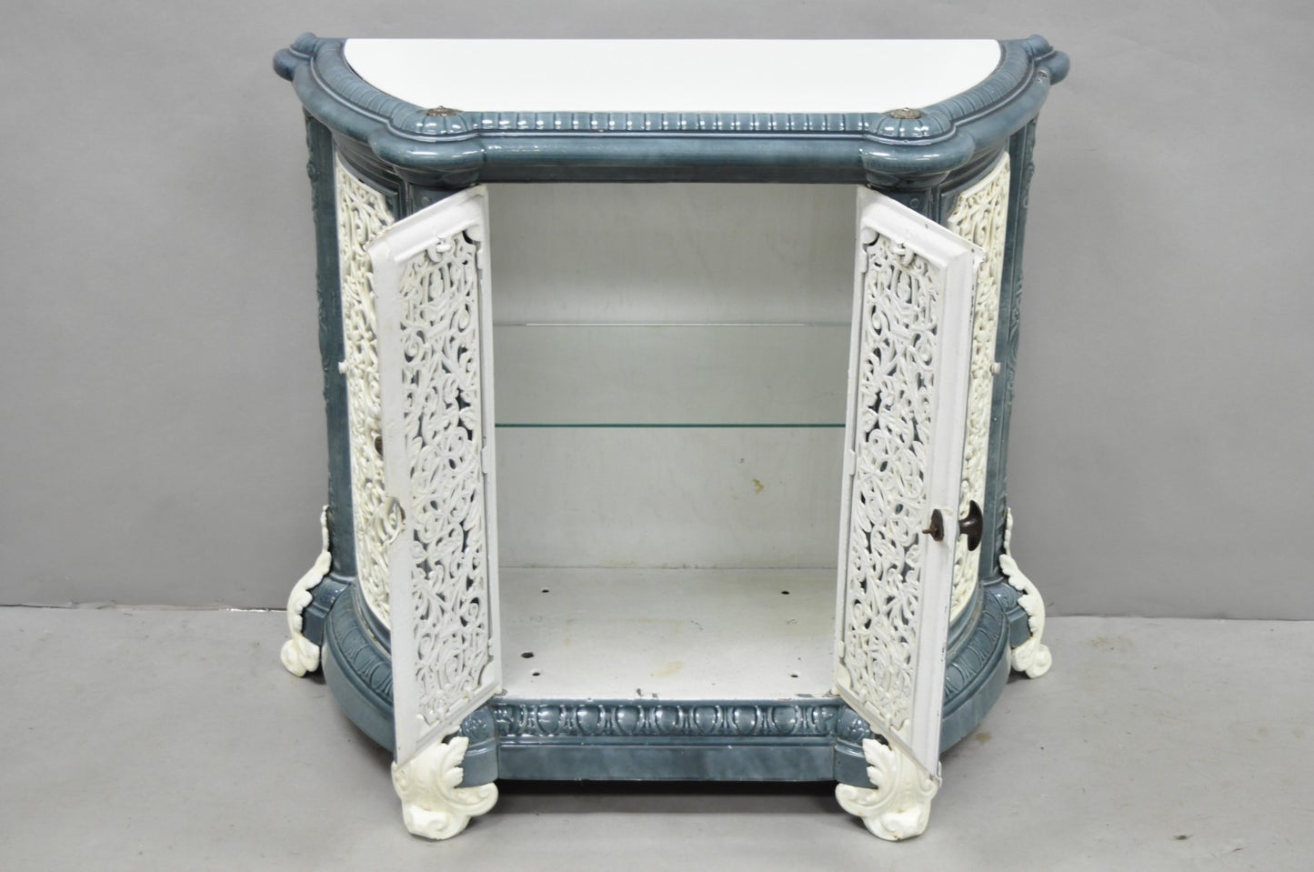 Antique French Victorian Blue White Porcelain Enamel Cast Iron Radiator Cover