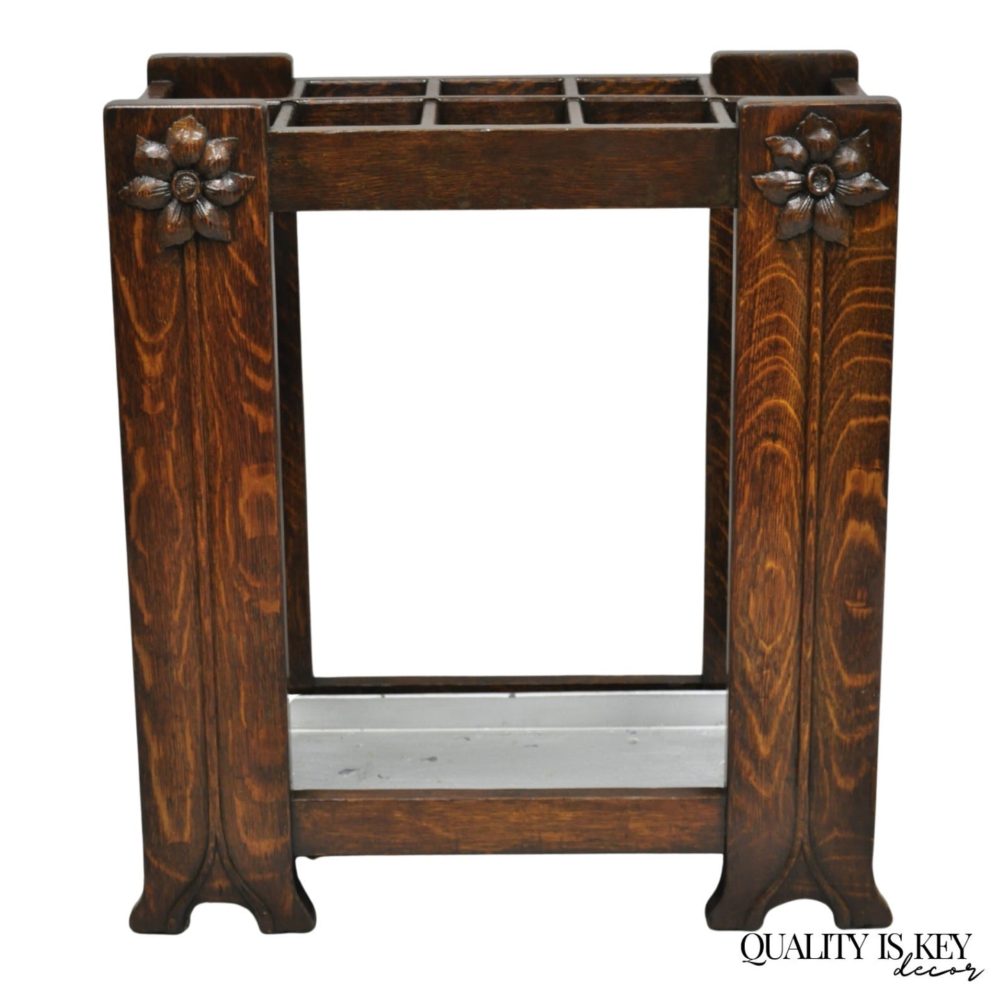 Antique Arts & Crafts Oak Wood Relief Carved Flower Umbrella Stand by MI Chair