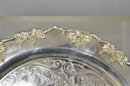 Vintage Crescent Silver Plated 17" Grapevine Pattern Round Bar Tray w/ Handles