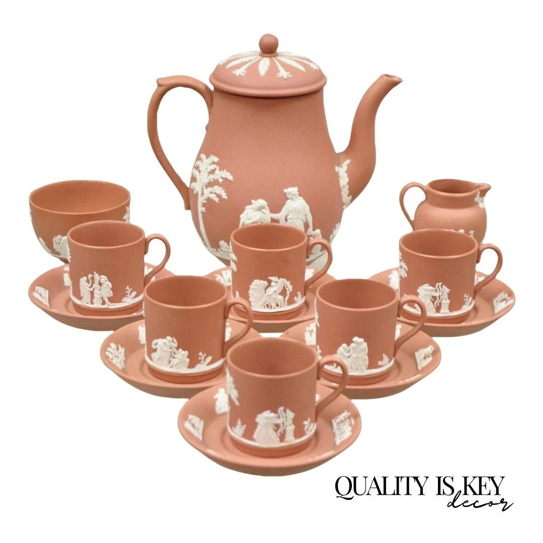 Wedgwood Terracotta Jasperware Miniature Tea Set Demitasse Cup & Saucer 14 pcs