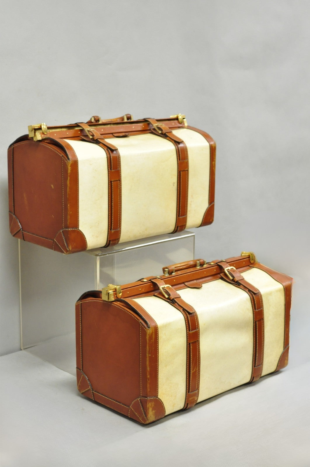 Vintage Dinoffer NY Italian Brown Leather & Vellum Parchment Gladstone Bag, Pair