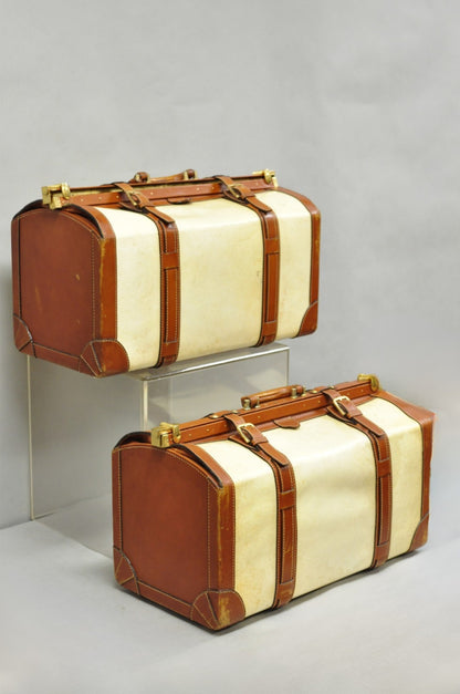 Vintage Dinoffer NY Italian Brown Leather & Vellum Parchment Gladstone Bag, Pair