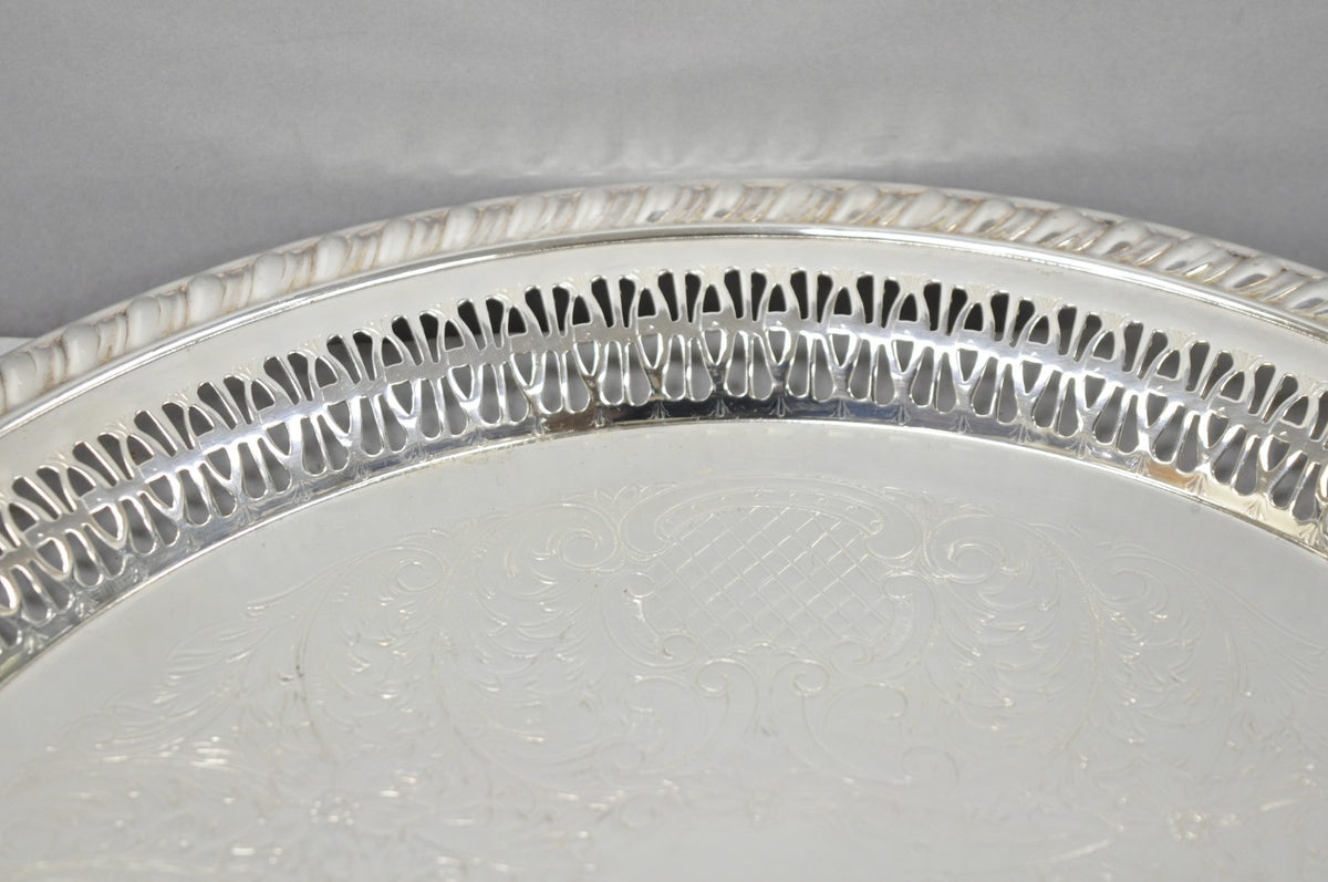 Vintage Leonard Silver Plated Pierced Gallery 12" Round Serving Platter Tray