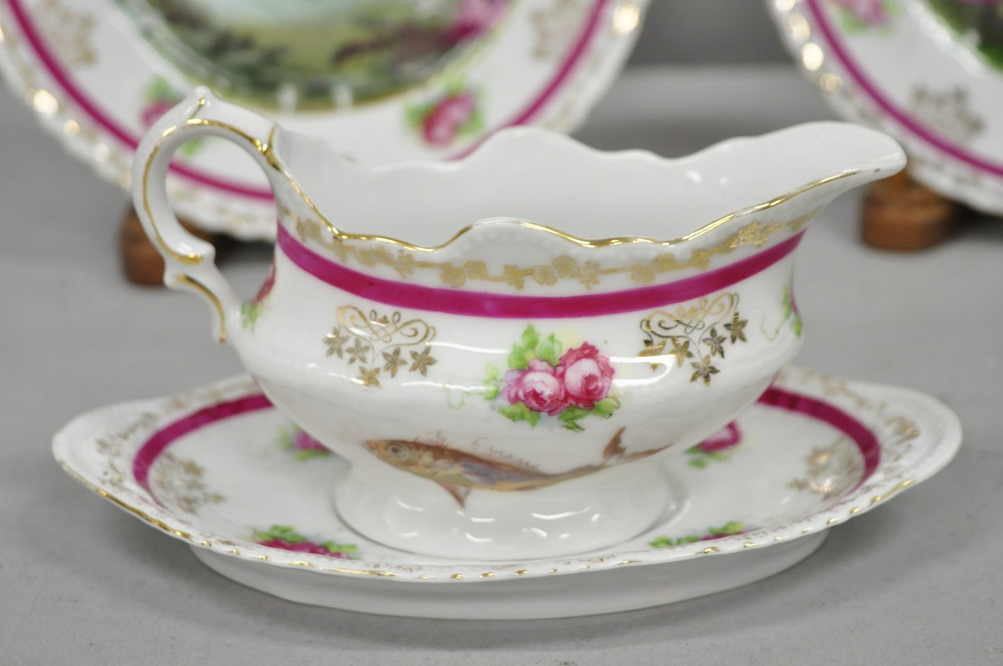 (12) Victoria Carlsbad Austria 8 3/8" Porcelain Fish Plates & Gravy Sauce Boat