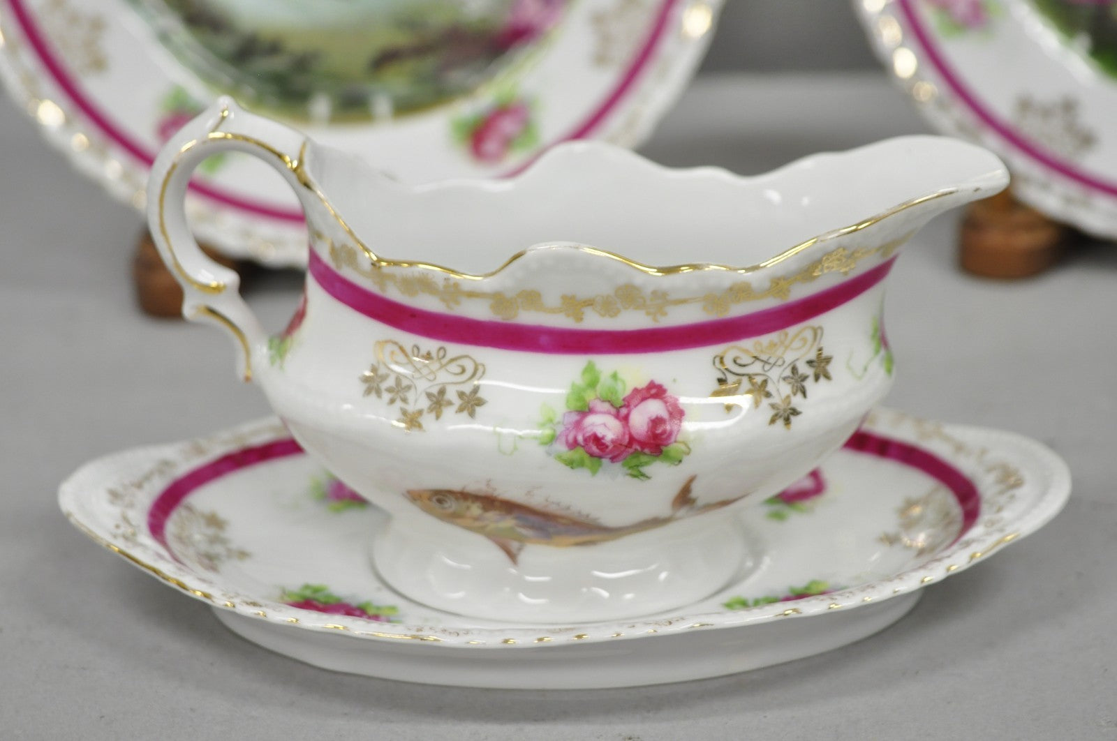 (12) Victoria Carlsbad Austria 8 3/8" Porcelain Fish Plates & Gravy Sauce Boat