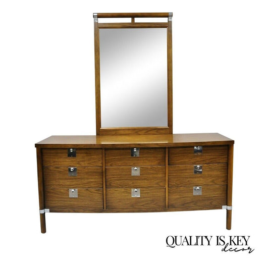 Vintage Mid Century Modern Walnut & Chrome 9 Drawer Credenza Dresser w/ Mirror