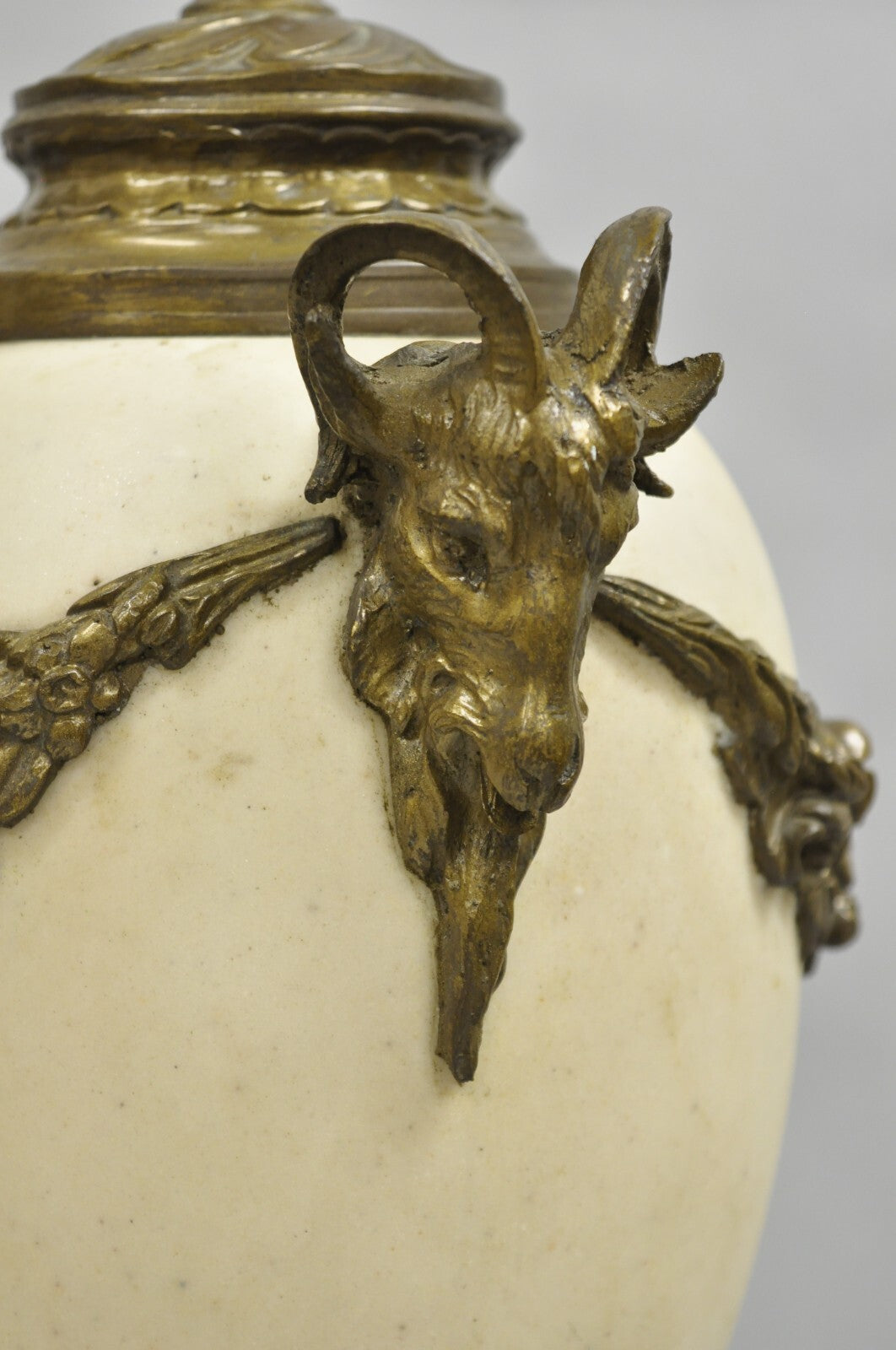 Vintage French Neoclassical Marble & Bronze Rams Head Urn Cassolettes - a Pair