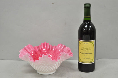 Vintage Pink & White Hobnail Cased Glass Candy Dish Ruffled Bowl Brides Basket