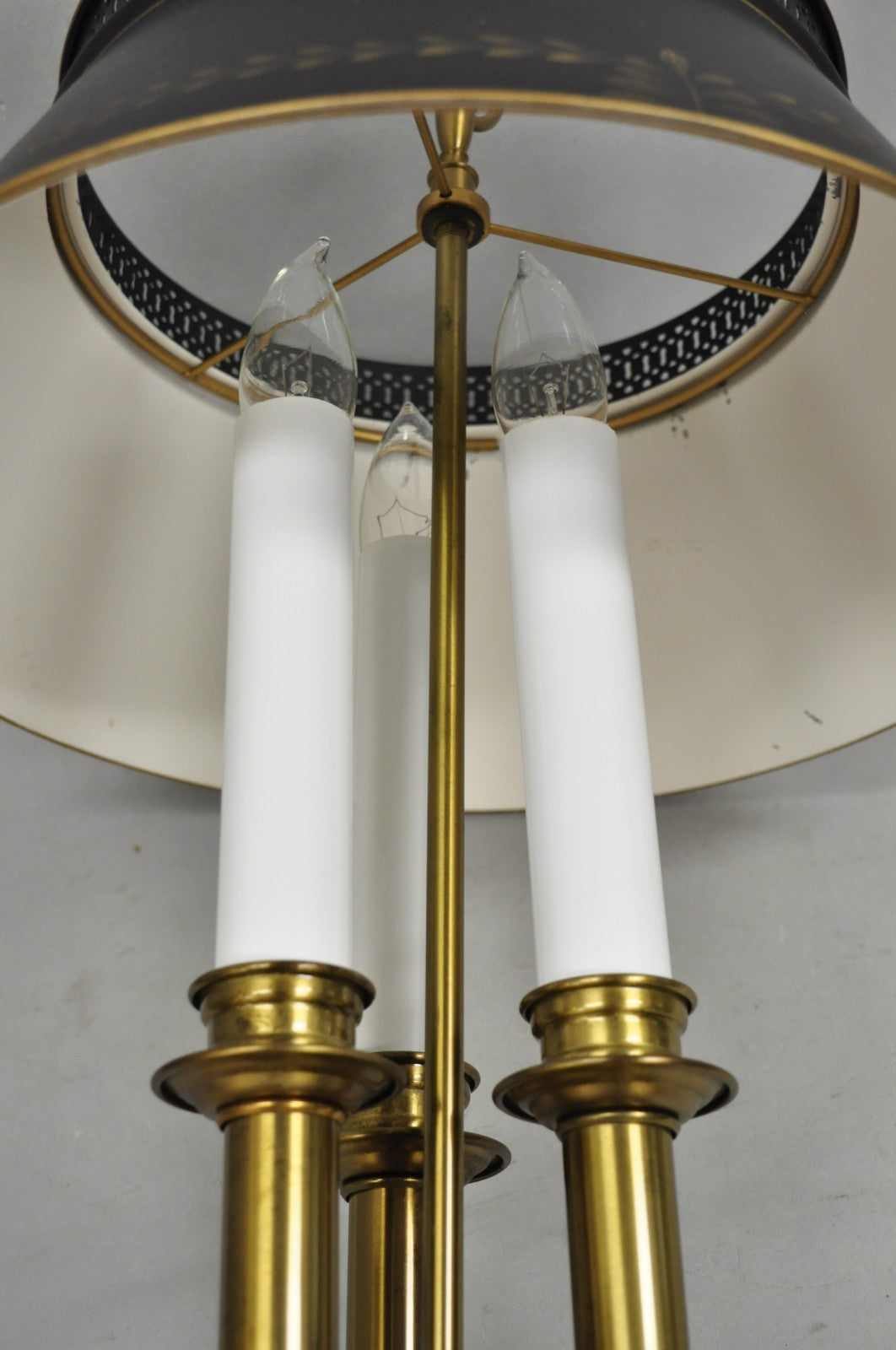 Vintage French Country Brass Tole Metal Shade Bouillotte Candlestick Table Lamp