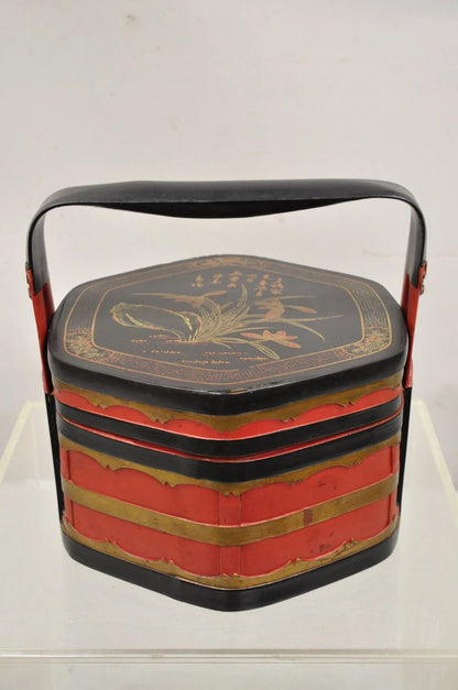 Vintage Chinese Black & Red Lacquer Floral Painted Lidded Wooden Tea Caddy Box