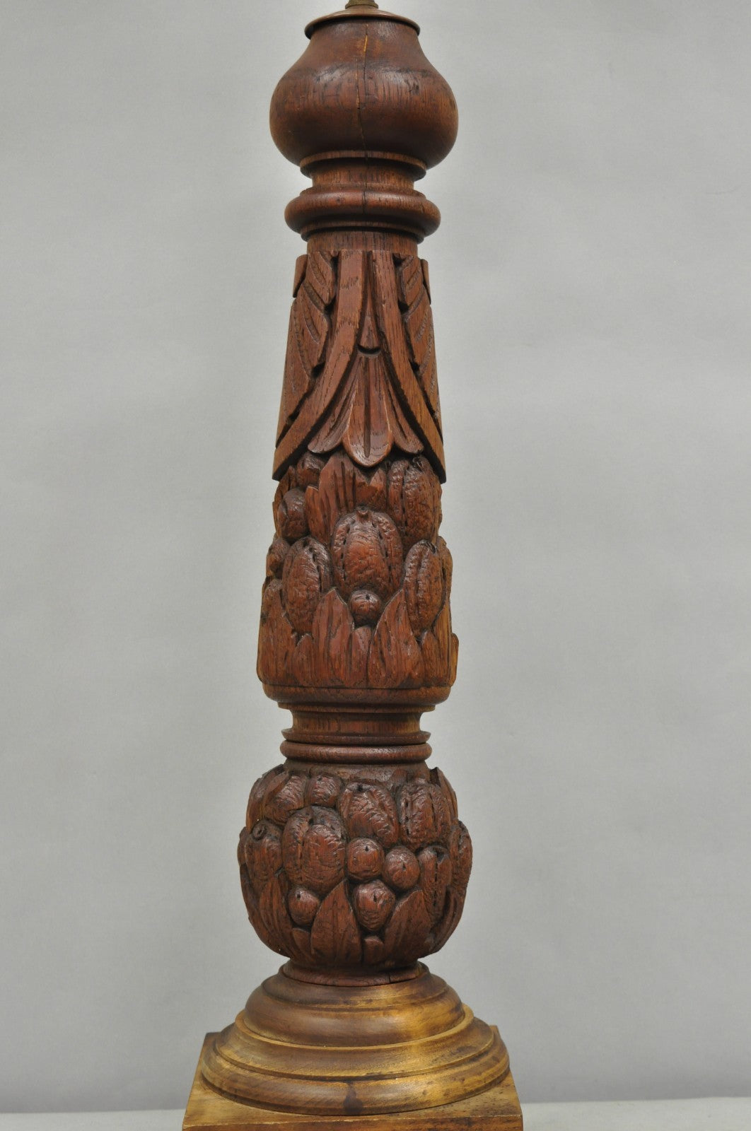 Antique French Country Reclaimed Harvest Carved Oak Wood Baluster Table Lamp