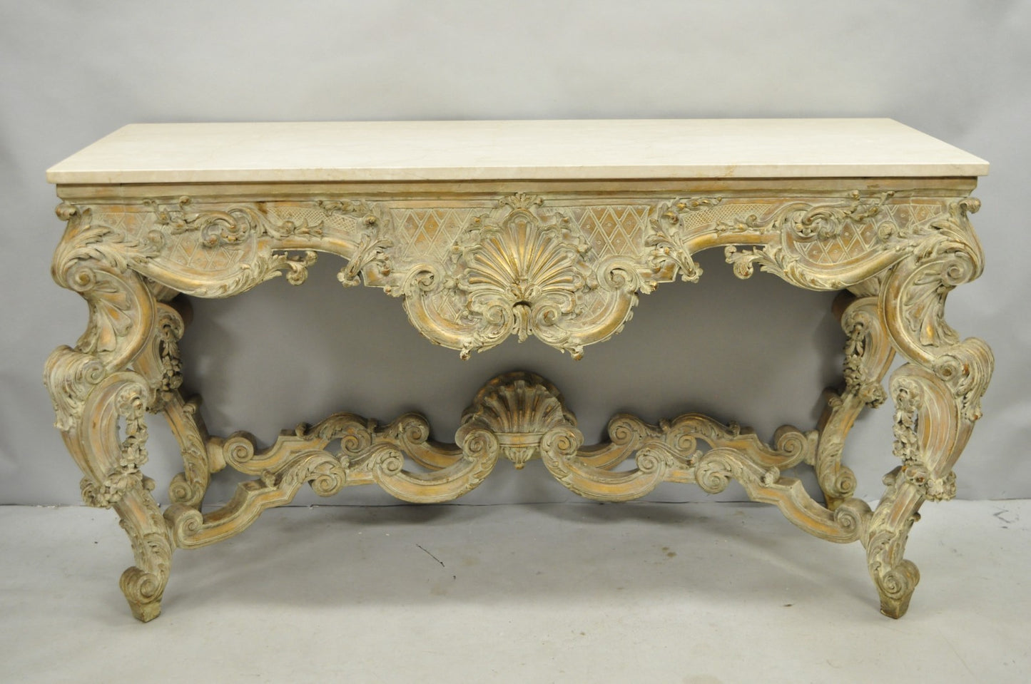 Antique French Louis XV Rococo Style Shell Carved 68" Marble Top Console Table