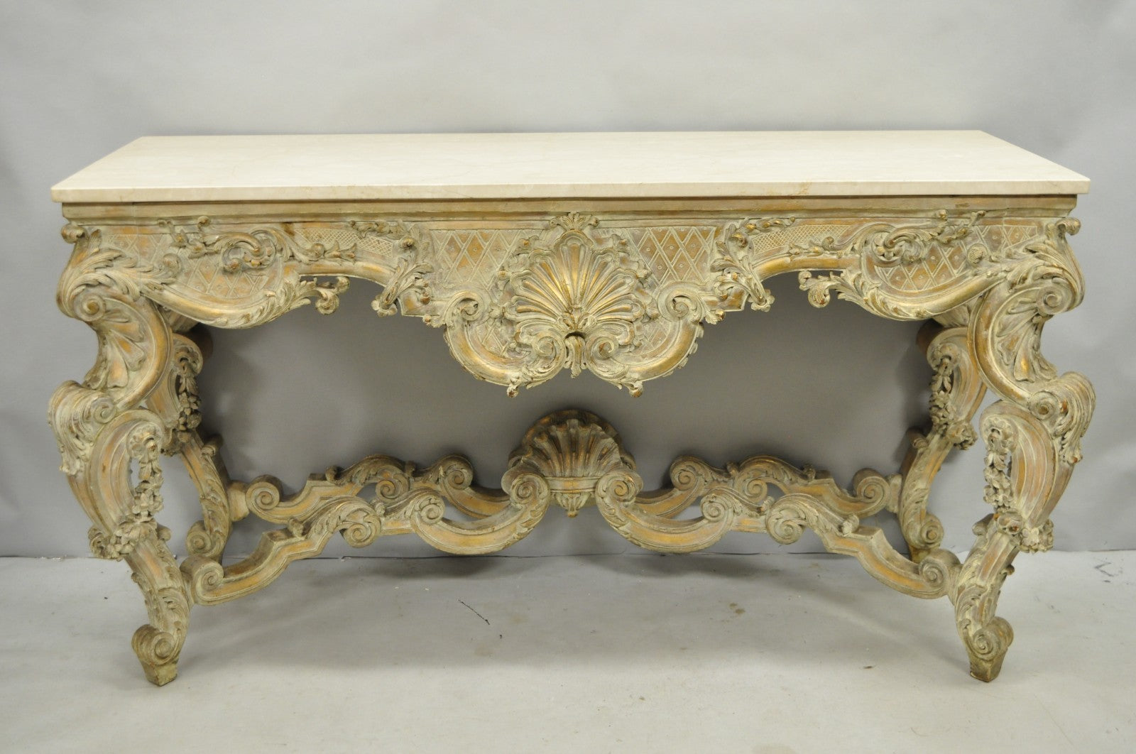 Antique French Louis XV Rococo Style Shell Carved 68" Marble Top Console Table