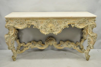 Antique French Louis XV Rococo Style Shell Carved 68" Marble Top Console Table