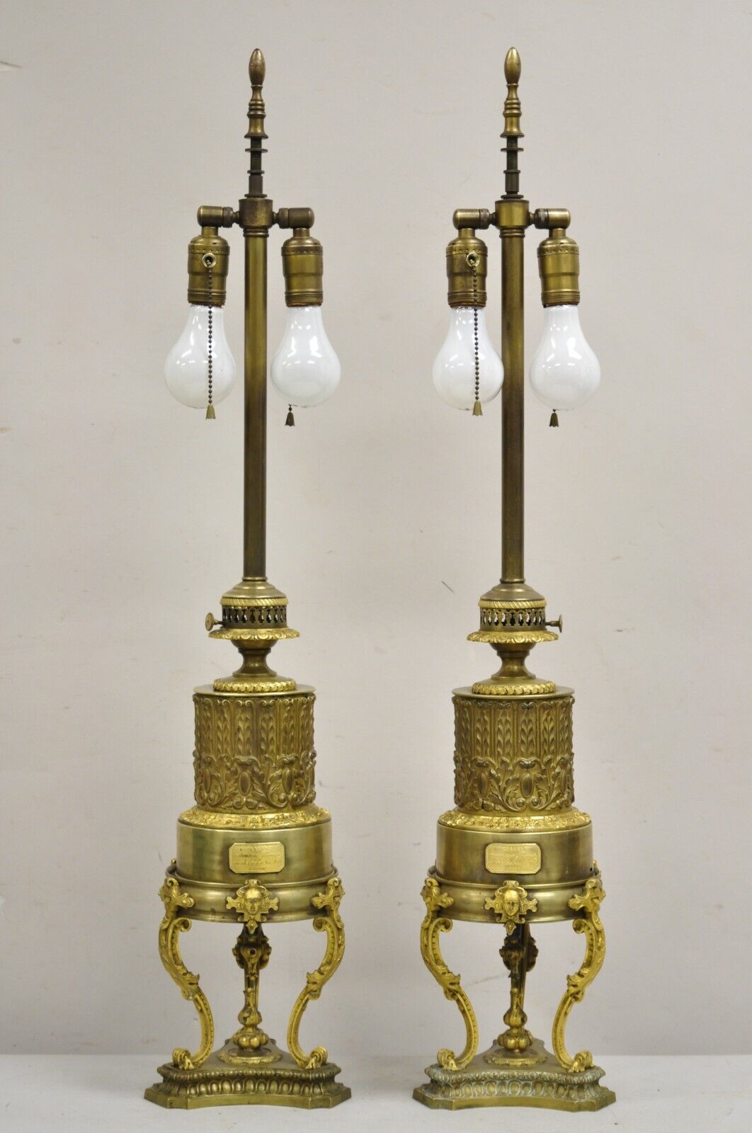 Antique Carcel Paris French Renaissance Gold Gilt Bronze Oil Table Lamp - a Pair