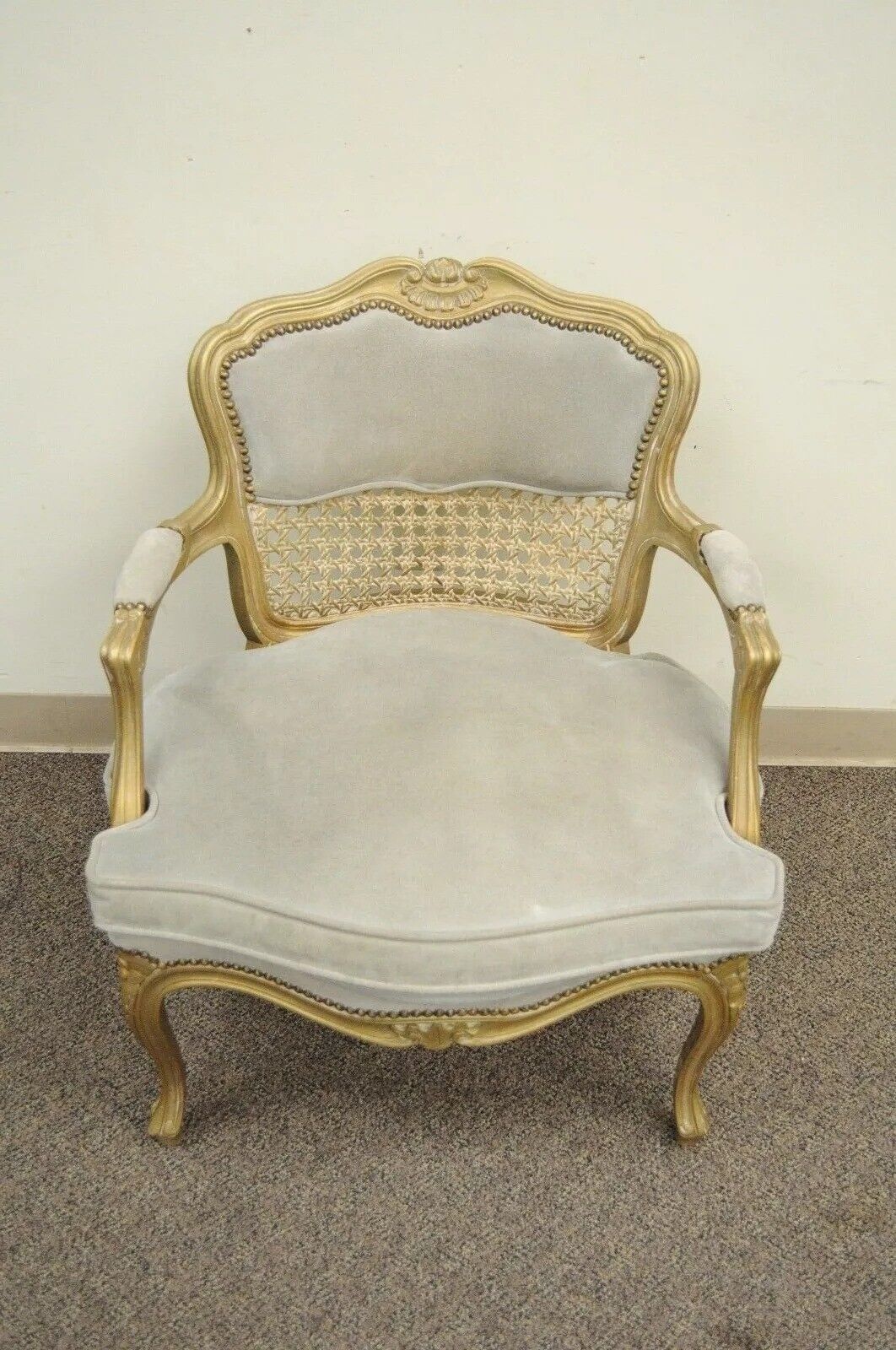 Fratelli Boffi French Louis XV Style Gold Gray Suede Cane Bergere Arm Chair