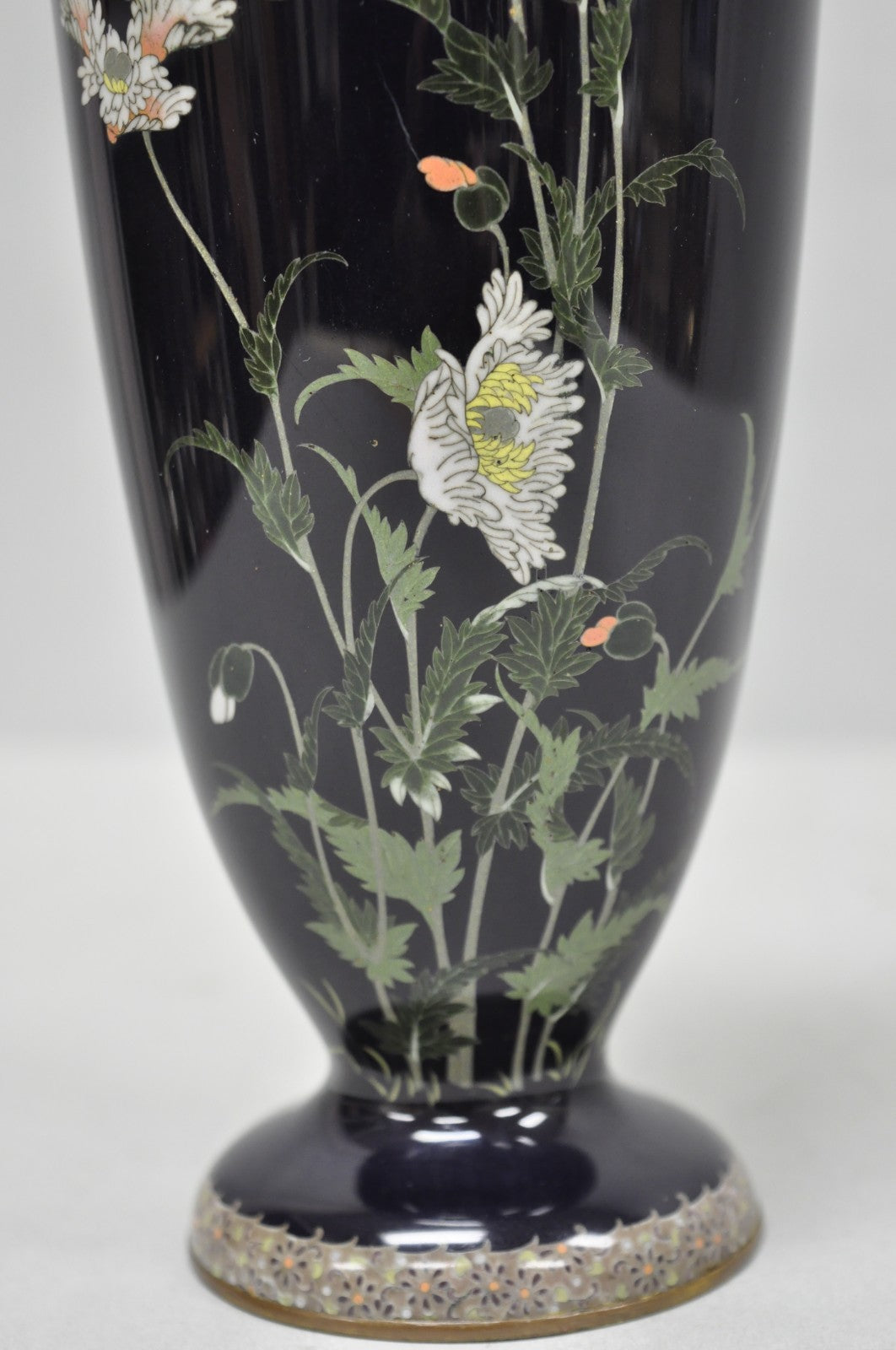 Meiji Period Japanese Cloisonne Enamel Dark Blue Daisy & Butterfly Tall Urn Vase