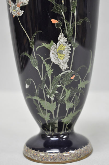 Meiji Period Japanese Cloisonne Enamel Dark Blue Daisy & Butterfly Tall Urn Vase