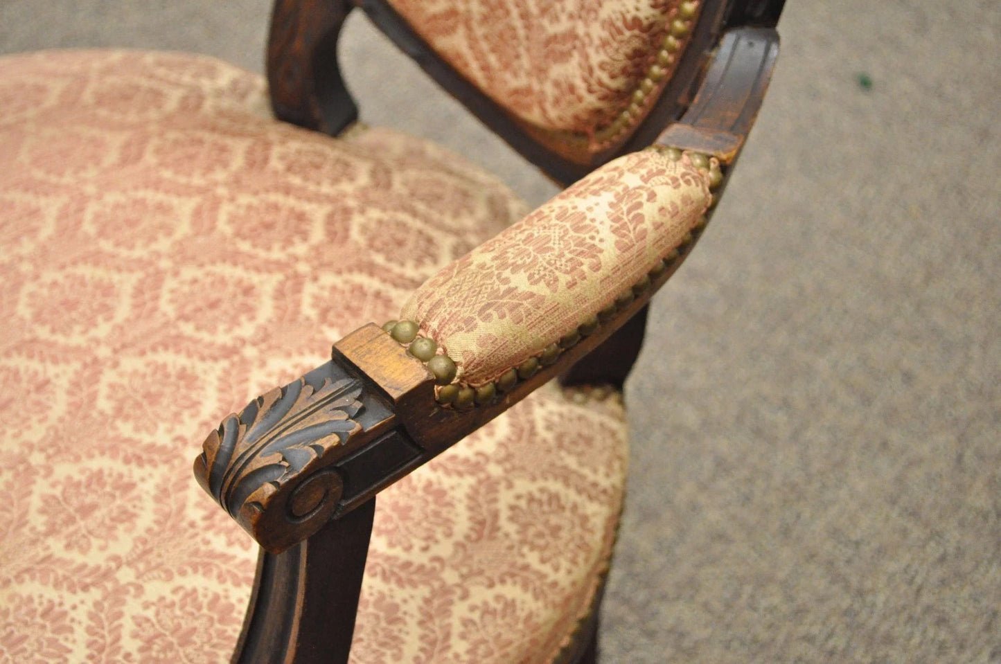 Antique French Louis XVI Style Bow Carved Walnut Fauteuil Fireside Arm Chair