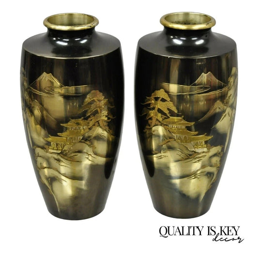 Vintage 10" Oriental Bronze Metal Pagoda Mountain Engraved Vase Set - a Pair