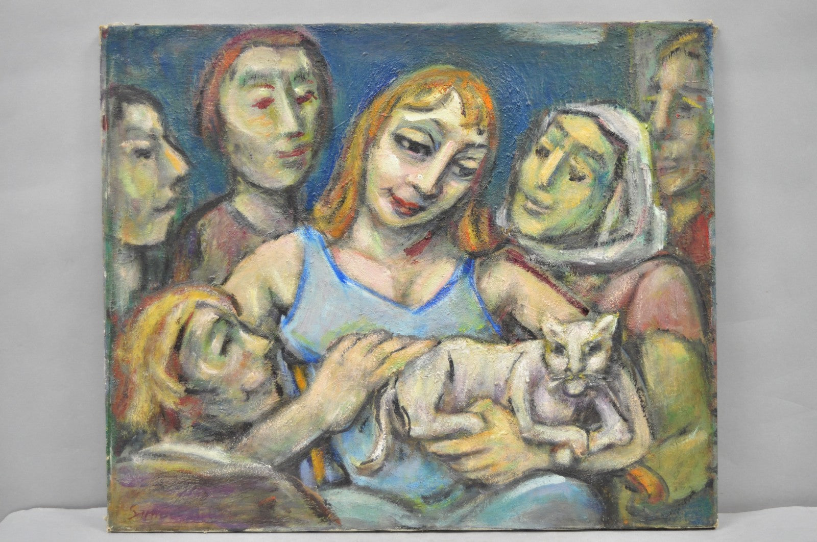 Vintage Samuel Heller "Women with Cat" Oil on Canvas Portrait Painting Signed