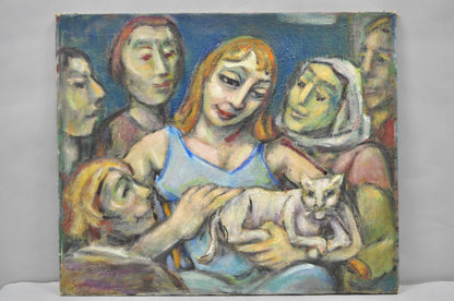 Vintage Samuel Heller "Women with Cat" Oil on Canvas Portrait Painting Signed