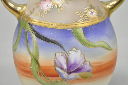Antique Nippon Moriage Hand Painted Porcelain Purple Iris & Gold Gilt Vase Pair