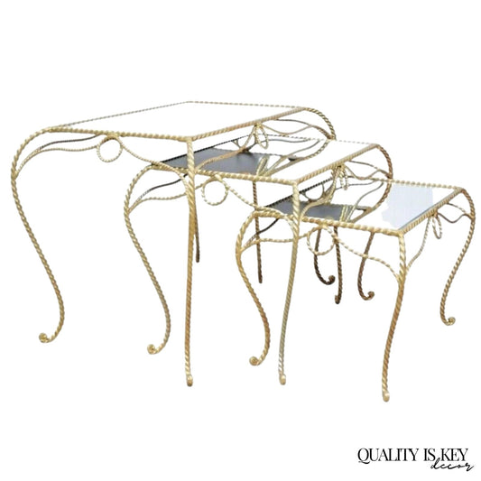 Vintage Italian Hollywood Regency Gold Rope Mirror Top 3 Pc Nesting Side Tables