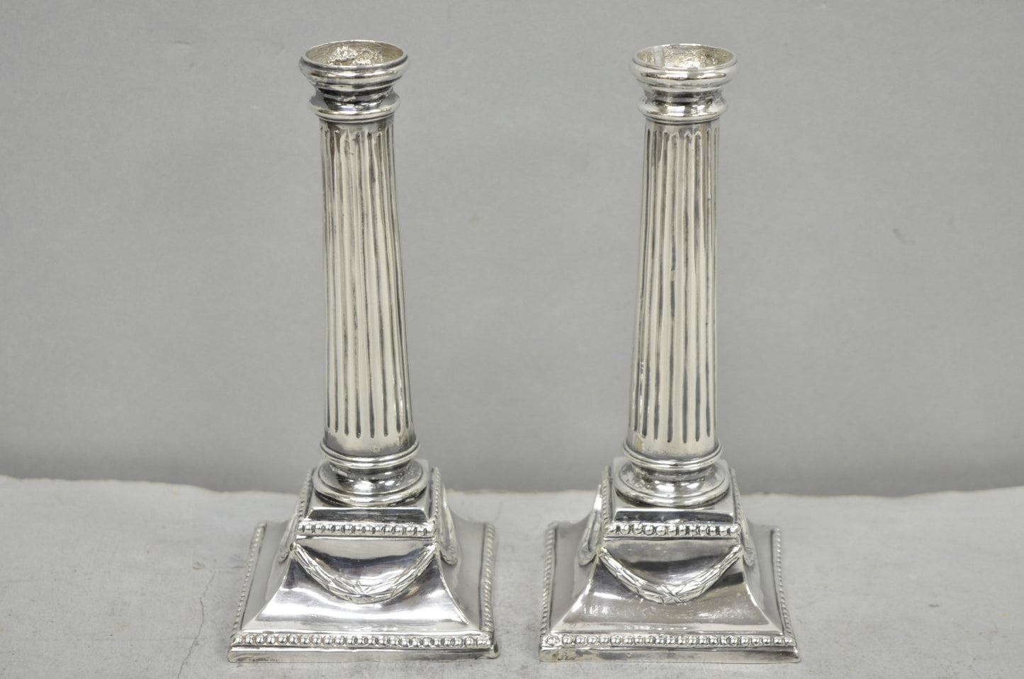 Vintage English Regency Silver Plated Classical Column Small Candlesticks - Pair