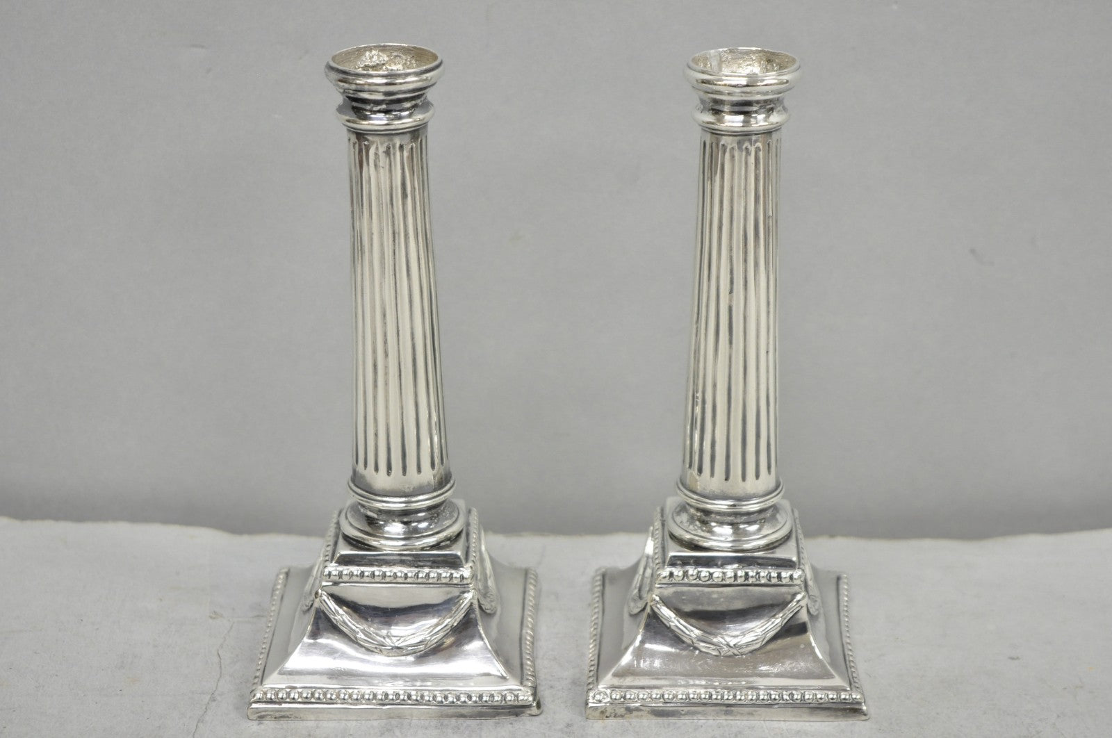 Vintage English Regency Silver Plated Classical Column Small Candlesticks - Pair